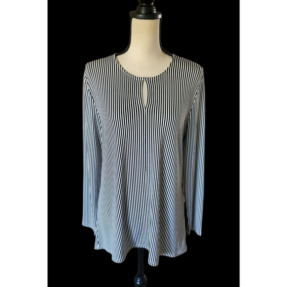 T Tahari Black & White Striped Polyester Stretch Knit Keyhole Long Tunic Top M - Picture 1 of 5